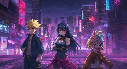 Anime Characters Walking in a Futuristic Cyberpunk Cityscape at Night