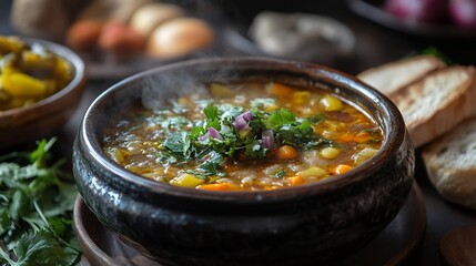 Steaming hearty vegetable soup, rustic kitchen setting, food blog, recipe