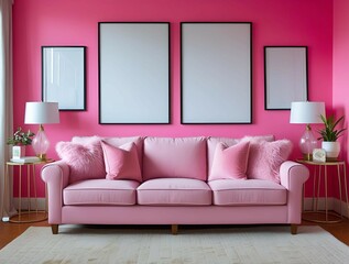 Stylish Pink Sofa Against a Vibrant Pink Wall with Blank Frames