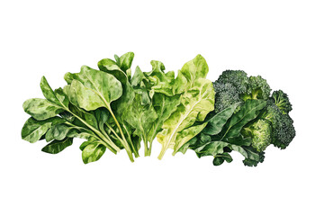 Fototapeta premium Fresh assortment of leafy greens including spinach, lettuce, and broccoli on a white isolate background, ideal for healthy meal concepts.