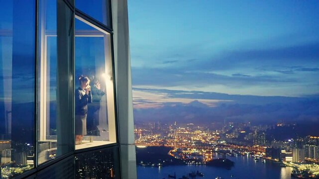 Mid adult businesswoman standing in a corporate windows with view of the city, talking on her mobile phone