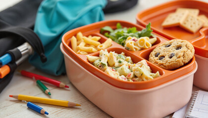 Colorful school lunchbox with pasta salad, cookie, and vegetables placed on study table