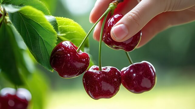 cherry hand picking organic harvest. Fresh cherries being picked from a tree branch.