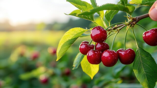 cherry hand picking organic harvest. Fresh cherries on a tree branch in a sunlit orchard.