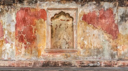 Artistic depiction of weathered ancient walls adorned with vibrant abstract graffiti and street art