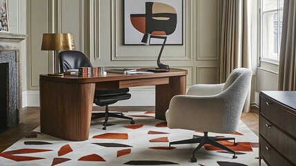 Modern Home Office Desk Setup With Comfortable Chair And Rug