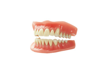 Obraz premium Realistic dental prosthetics showcasing a set of classic false teeth on a clear background, ideal for dental education and advertising.