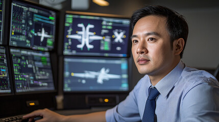 An asian man is using a computer with multiple screens to monitor flight control systems. He is using the keyboard to make adjustments.
