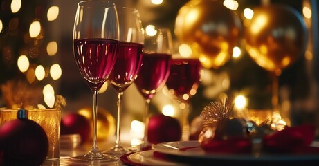 Festive celebration: Wine glasses, ornaments, and warm lights create a cozy holiday atmosphere. A perfect setting for a joyful gathering.