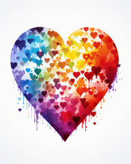 Watercolor illustration of a rainbow heart with small hearts and paint drips on white background, LGBTQ+ pride symbol