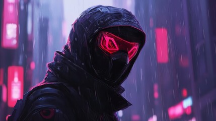 Cybernetic sentinel observes the rain-soaked neon city of the future