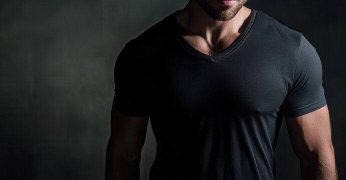 Torso portrait of a muscular man with a beard wearing a black shirt against a dark gray backdrop. Fitness and male health.