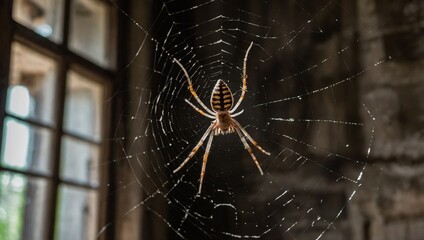 Spiderweb with spider in old house
