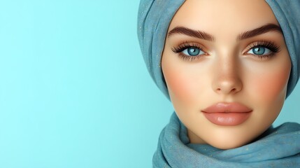 Woman in Blue Headscarf Displays Stunning Makeup