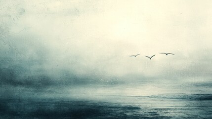 Obraz premium Birds Fly Over Misty Ocean Scene