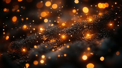 Festive lights illuminate a dark evergreen branch