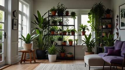 living room interior with plants , AI Generated.