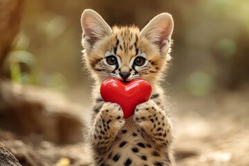 Cute serval baby with companion toy red heart on in a natural habitat. Serval - my preferred animal. Promotion animal visual idea. Affectionate wild creatures. Romantic animal interaction.