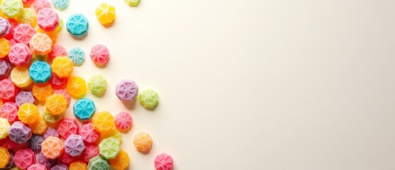 Set of candies and sweets in different colours with top view and coy space.