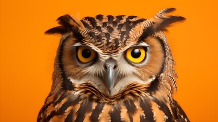 Fototapeta premium Majestic Owl Portrait Close up of a Brown and Gold Owl with Intense Yellow Eyes on Orange Background