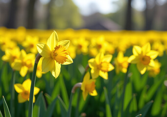Fototapeta premium bright yellow daffodils grow abundantly open fields