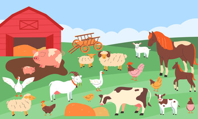 Farm scene with pets flat style. Rural Life. Concept eco livestyle