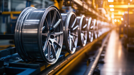 Fototapeta premium Metallic wheels displayed in a manufacturing setting, with a focus on automotive parts and industrial processes.