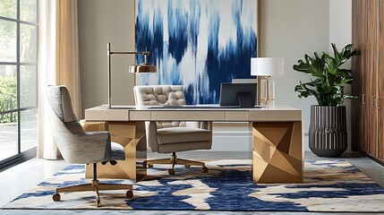 Modern Gold And Blue Office Workspace Design