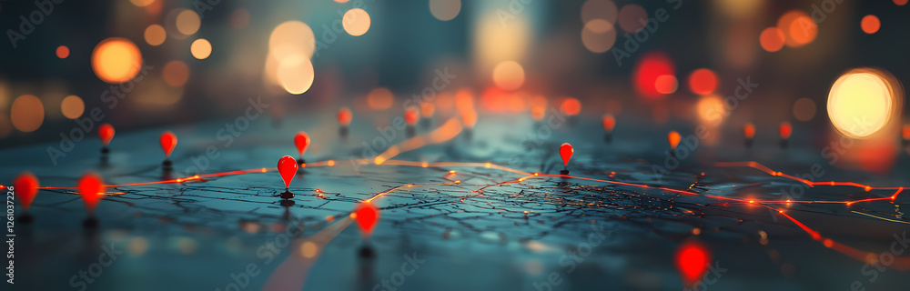 Poster connected world: a captivating abstract image depicting a network of interconnected red pins on a di