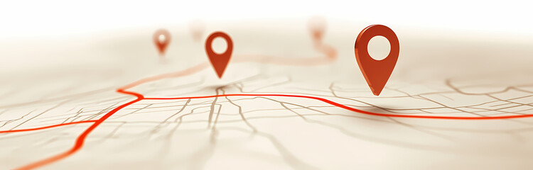 Fototapeta premium Navigation and Location: Red location pins on a detailed map, symbolizing destinations, routes, or journey planning. The image is ideal for travel, navigation apps.