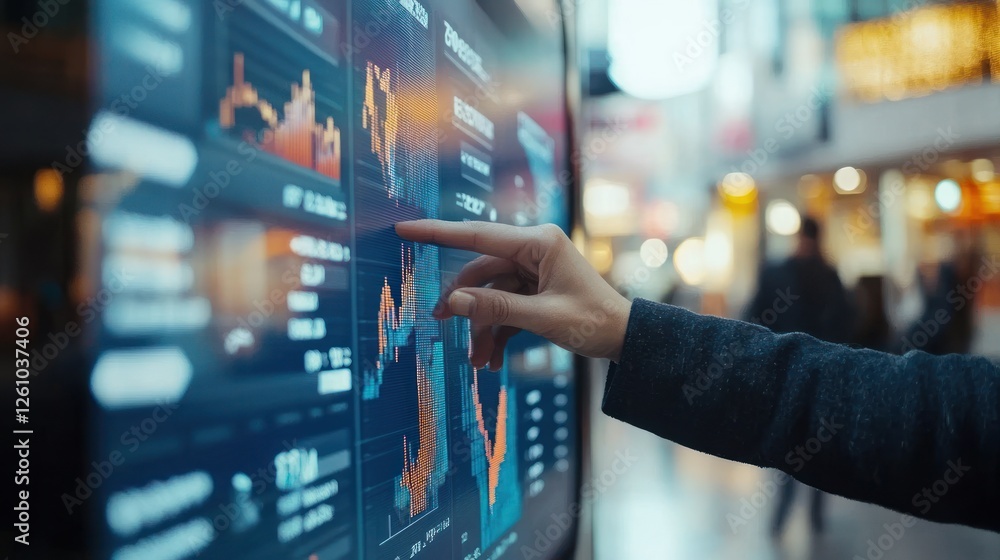 Poster hand interacting with financial data display screen