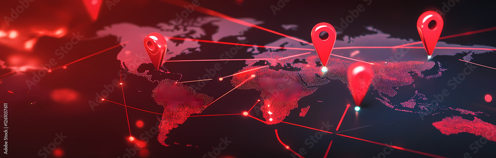 Poster global connections: a stylized world map with glowing red lines and three red pins strategically pla