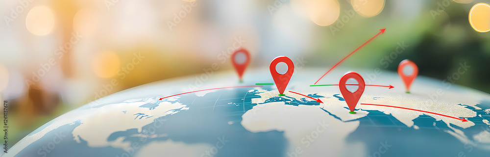 Aufkleber Globe with Red Pins: A symbolic image of a globe with multiple red pins and connected lines representing global connection, international travel, and the interconnectedness of our world.