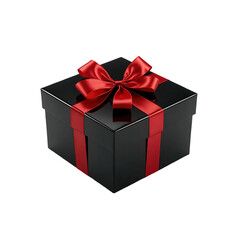 Fototapeta premium A glossy black square gift box, accented with a vibrant red ribbon and bow is isolated on transparent background