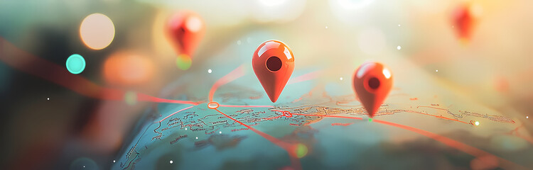 Global Reach: Three 3D rendered pin markers stand out against a blurred, blue and green, swirling map, suggesting a global network, connections and travel.  