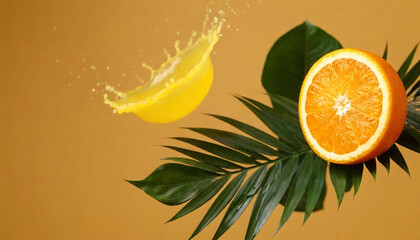 An orange slice spinning mid-air with tropical leaves and a splash of juice surrounding it.