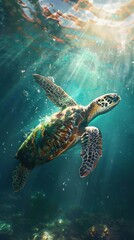 Fototapeta premium Majestic Sea Turtle Gracefully Swimming Underwater Sunbeams Illuminating Ocean Scene
