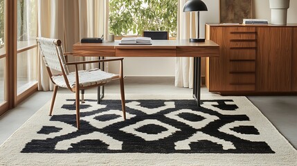Modern Home Office Desk Area with Geometric Rug