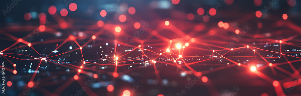 Aufkleber red network connections: abstract digital network illustration with glowing red nodes and lines conn