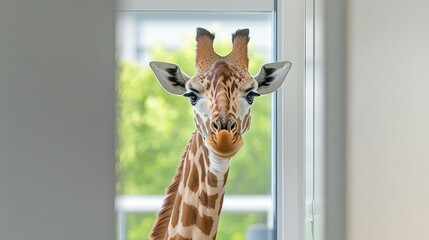 Giraffe peering through doorway, showcasing its unique features