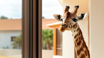 Giraffe curiously peeking through window, blending nature and ar