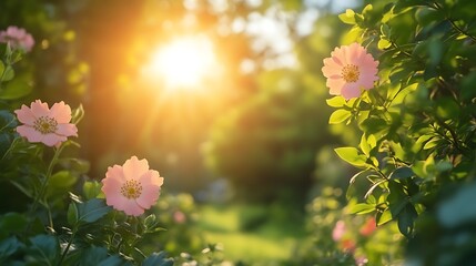 Pink Flowers Blooming In Golden Sunlight
