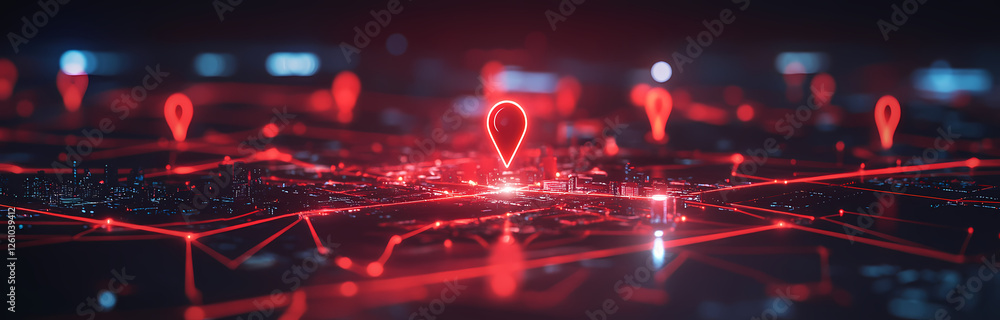 Aufkleber digital location markers: a network of interconnected red location markers illuminate a digital map,