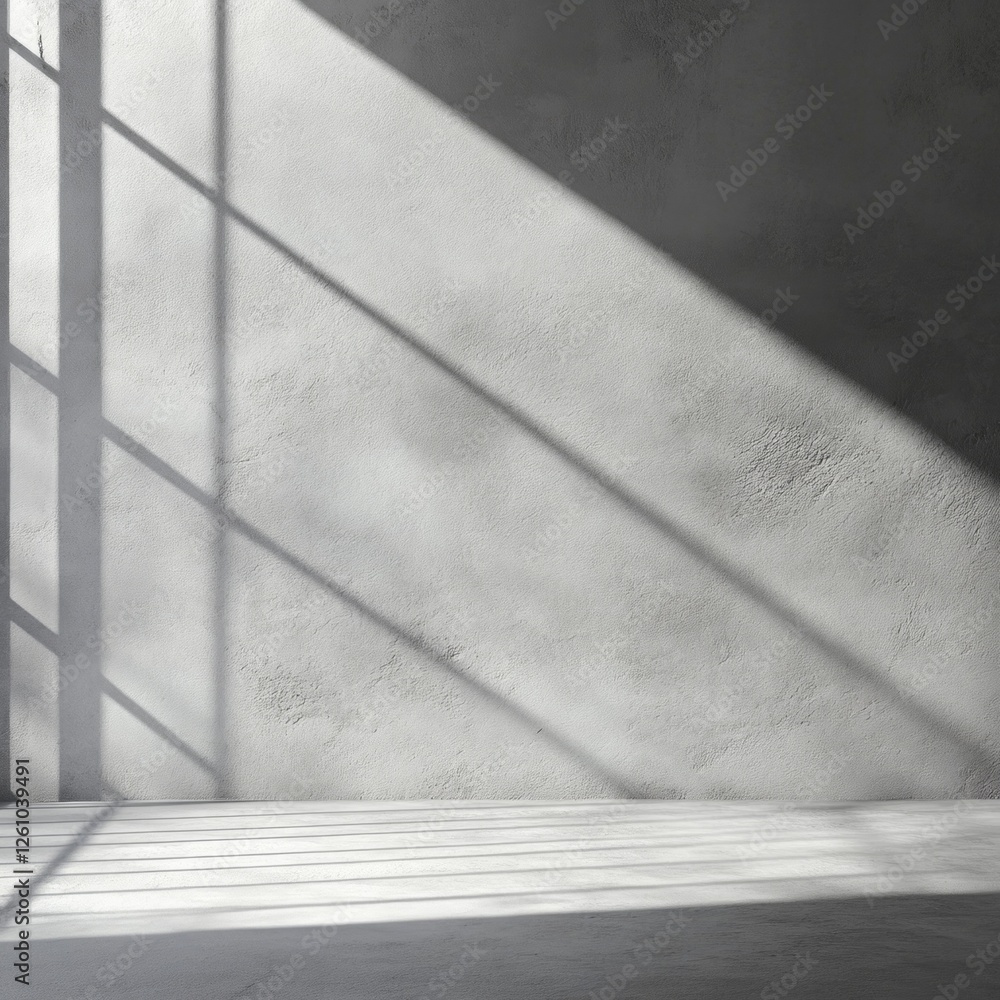 Aufkleber Soft light streams through large windows, creating striking shadows on a textured cement wall. The atmosphere is calm and contemplative, enhancing the simplicity of the space