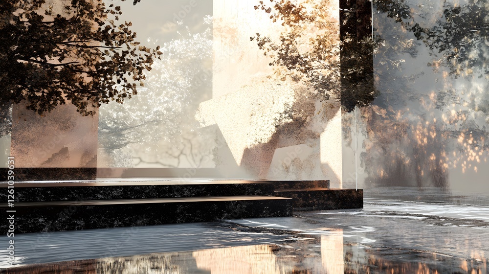 Poster a close-up of a virtual scene rendered using foveated rendering, with high-detail objects focused on