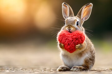 Fototapeta premium Cute hare baby with fluffy red heart on in a natural habitat. Hare - my beloved animal. Commercial animal idea. Natureâ€™s valentine's day wonder. Love and care in the forest. Wildlife in love.
