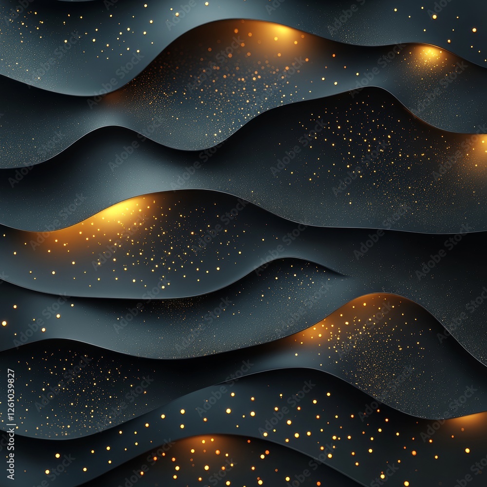 Poster ethereal glow: abstract dark waves with golden sparkles, a mesmerizing dance of light and shadow, ca
