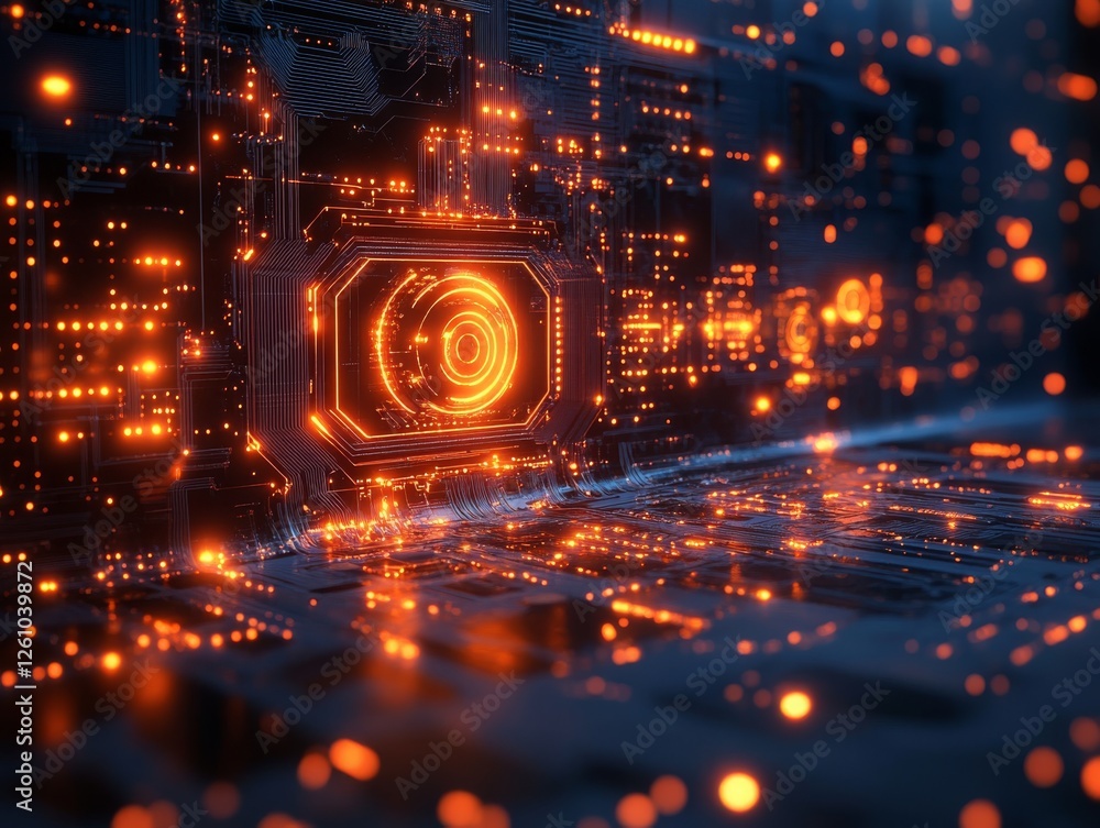 Poster futuristic circuit board with glowing orange core: ai neural network and technological grid landscap