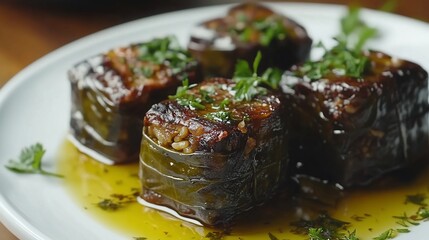 Stuffed eggplant, herbs, oil, plate, close-up, delicious meal, food photography, recipe illustration