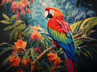 Obraz premium Scarlet Macaw Perched on Branch in Lush Tropical Rainforest Vibrant Colors Exotic Bird
